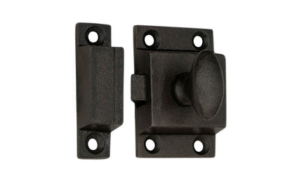 A rustic-looking cast iron cupboard cabinet latch. Vintage cast iron finish. Durable & strong spring loaded mechanism. Includes 6 Phillips head screws. Great for cupboards, cabinets, etc. 1-7/8" high x 1-3/16" wide size latch.