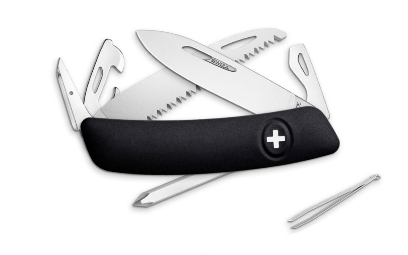 Swiza D06 Black Swiss Multi-Tool Knife. 3-3/4" closed length. Includes 75 mm blade, saw blade, blade lock, reamer/punch, sewing awl, bottle opener, #3 slotted screwdriver, #1 slotted screwdriver, #1 phillips screwdriver, wire bender, can opener, tweezers. Swiss Army Style Knife. Made in Switzerland.