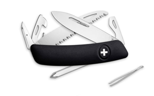 Swiza D06 Black Swiss Multi-Tool Knife. 3-3/4" closed length. Includes 75 mm blade, saw blade, blade lock, reamer/punch, sewing awl, bottle opener, #3 slotted screwdriver, #1 slotted screwdriver, #1 phillips screwdriver, wire bender, can opener, tweezers. Swiss Army Style Knife. Made in Switzerland.