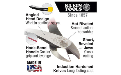 Klein Tools 9" Ironworker's Diagonal Cutting Pliers D248-9ST have a high-leverage design to provide 36% greater cutting power than other pliers. Angled head design makes work easier in confined spaces. Hot-riveted joint ensures smooth action with no handle wobble. For non ferrous wire & soft metal cutting. Made in USA.