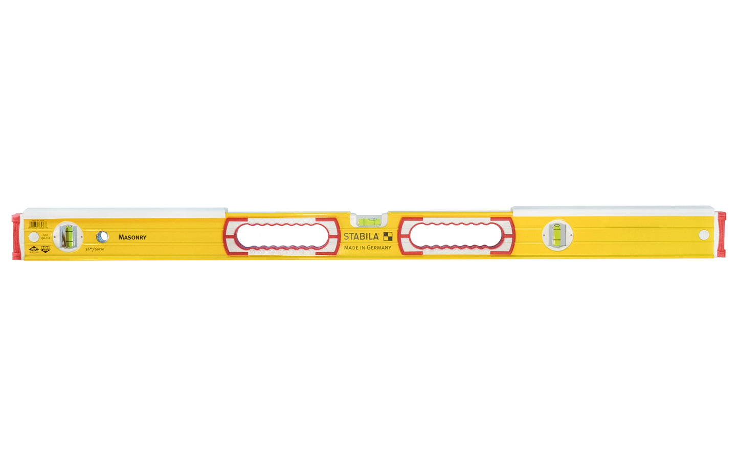Stabila 36" (90 cm) Mason Level ~ Type 196-2-K - Model No. 36436 - Mason's level is designed for those who set brick, block & stone with a trowel. Patented striking shields allow the top of the level to be struck with the butt or blade of a trowel without causing damage to either the level or the trowel
