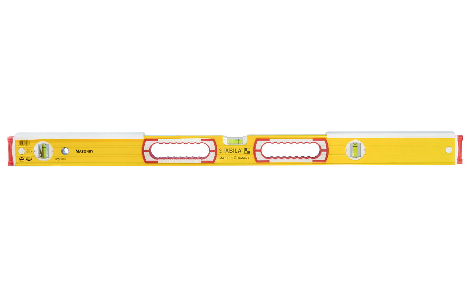 Stabila 36" (90 cm) Mason Level ~ Type 196-2-K - Model No. 36436 - Mason's level is designed for those who set brick, block & stone with a trowel. Patented striking shields allow the top of the level to be struck with the butt or blade of a trowel without causing damage to either the level or the trowel