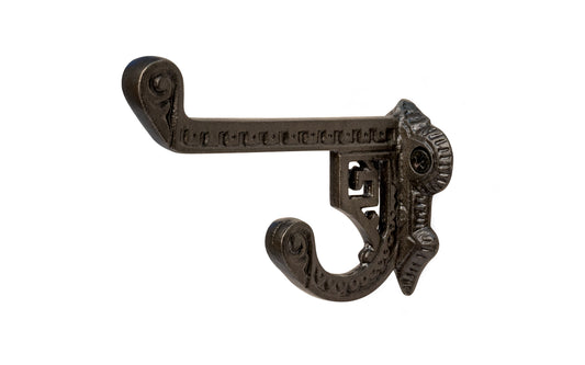 Cast Iron Ornate Hook ~ Traditional & classic ~ Vintage-style double hook ~ Made of heavy cast iron ~ 3-7/8" hook projection ~ Includes 2 phillips flat head screws ~ Intricate & ornate design