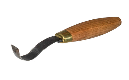 Flexcut Single Bevel Sloyd Hook Knife - Made in USA ~ Model No. KN52 ~ perfect for forming the hollows of spoons & bowls. The deeply curved, single-edged blade is sharpened all the way to the pointed tip. For added strength, the tang of each knife extends completely through the beautifully conditioned Cherry hardwood handle. It also features a brass ferrule for added stability. The overall length of this knife is 8” with a radius of .5” ~ 651646500517