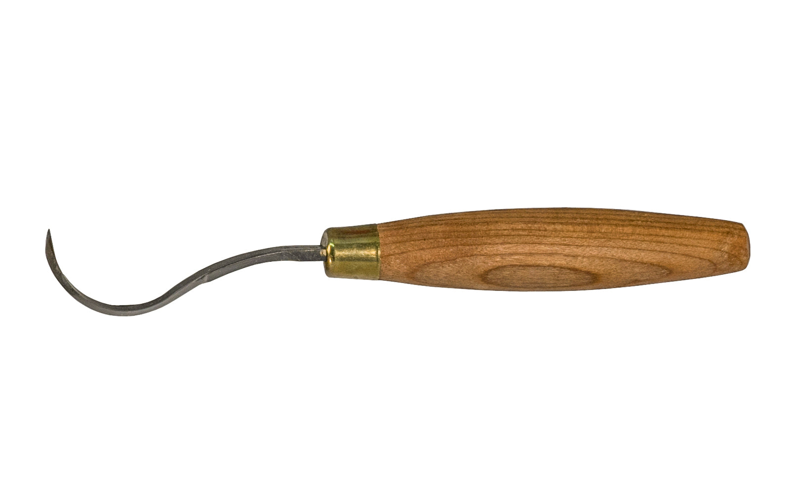 Flexcut Single Bevel Sloyd Hook Knife - Made in USA ~ Model No. KN52 ~ perfect for forming the hollows of spoons & bowls. The deeply curved, single-edged blade is sharpened all the way to the pointed tip. For added strength, the tang of each knife extends completely through the beautifully conditioned Cherry hardwood handle. It also features a brass ferrule for added stability. The overall length of this knife is 8” with a radius of .5”