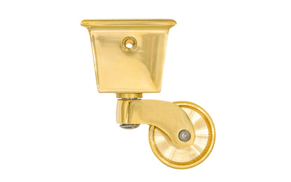 Solid Brass Square Socket Caster ~ 1-1/4" Wheel ~ Non-Lacquered Brass (will patina over time)