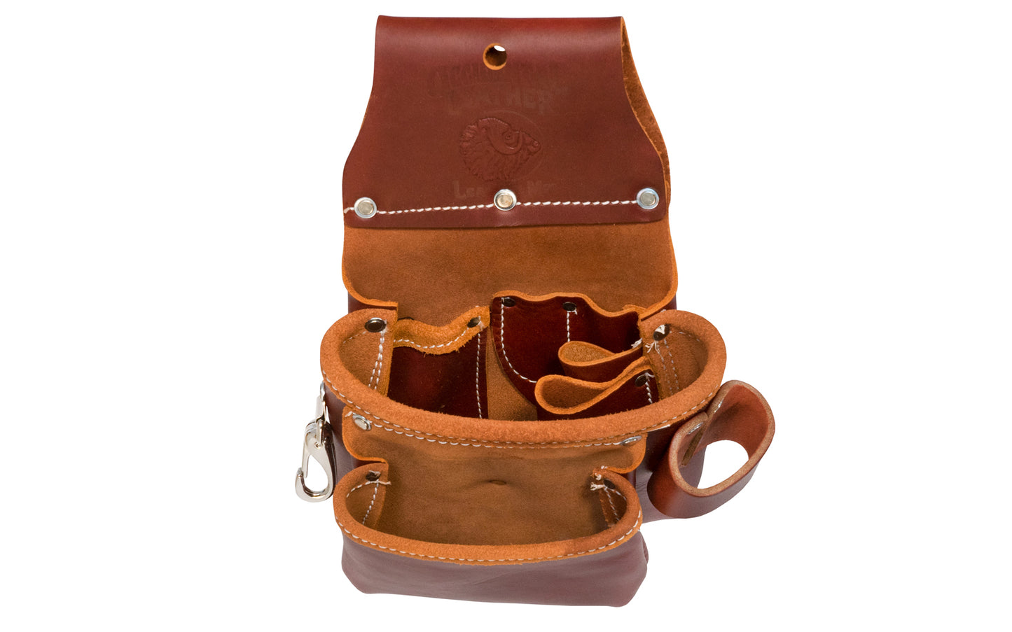 Occidental Leather Pro Trimmer Tool Bag ~ 6102 ~ Pro-Trimmer - Fits a 3" work belt - Pouch - 9 total pockets & tool holders - Genuine leather - Made in USA - Double Leather Bag - Tool Bag - 759244034509 - Holders inside for pencil, work knife, lumber crayon, & chisel. Exterior tool snap clip & heavy duty hammer loop
