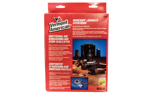 Model 23477 - Made in USA - Make stronger & more accurate wood joints. Biscuit joinery is stronger & replace many conventional wood joining methods: Dowels, dadoes, tongue & groove, spline, mortise & tenon joints Use your router as a Plate/Joiner For use with routers with 6" or smaller round base plate - 045325234778 - Vermont American USA