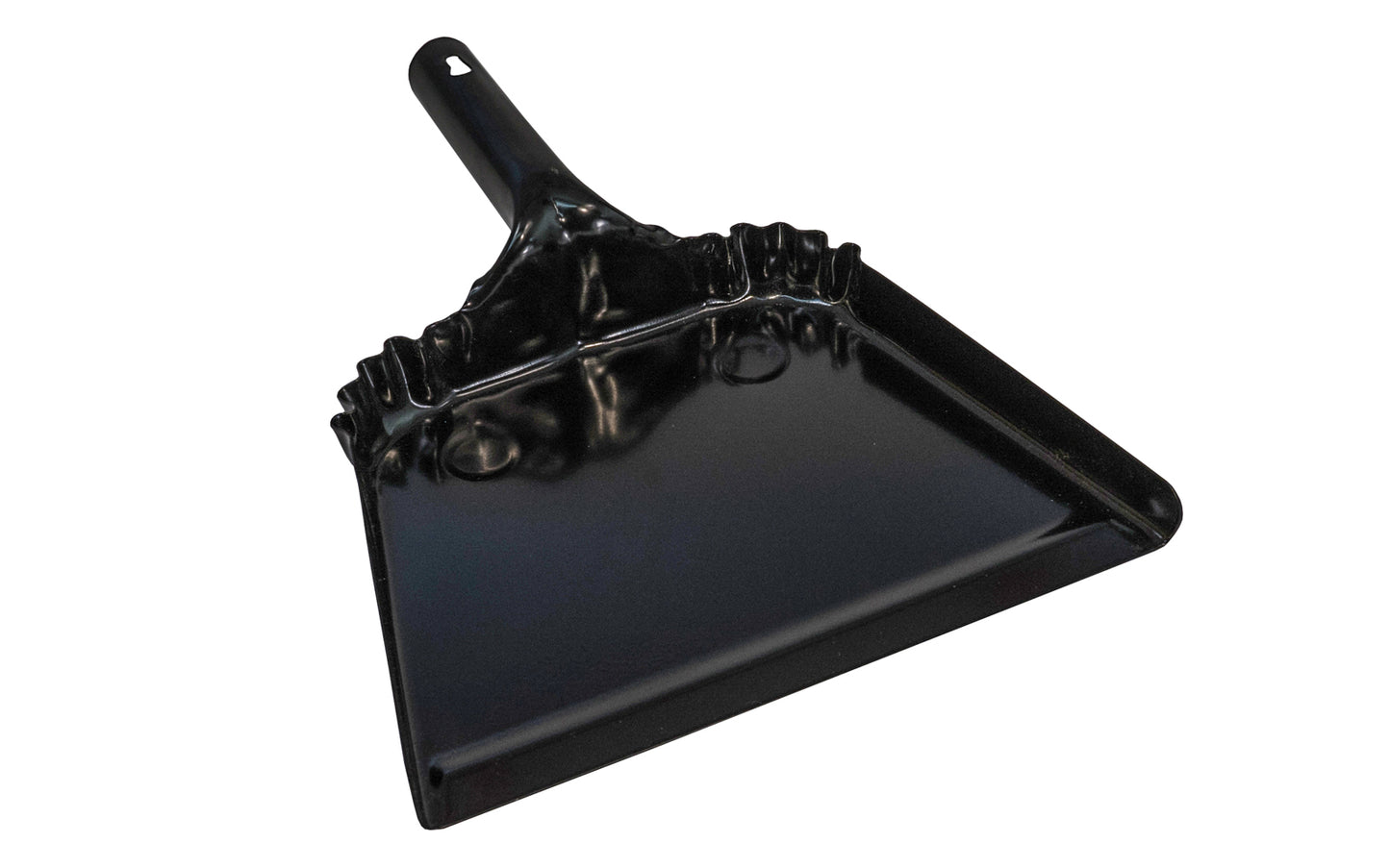 Made in USA · Magnolia Model No. 6 ~ 12" width ~ Baked black enamel finish ~ Beveled edge ~ Corrugated ribs add to strength ~ The depth of the back of the dust pan is 1-1/2" deep. Hang up hole in handle for storage. Great for general purpose cleaning & the workshop area - Black Finish on Steel Dust Pan - Heavy Duty 