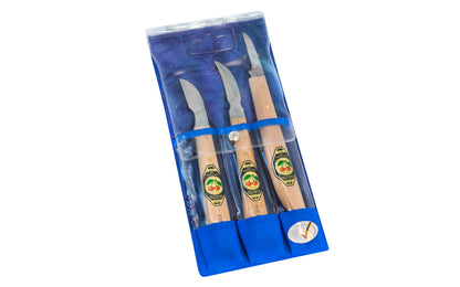 A quality 3-Piece Chip Carving Knife Set made by Two Cherries in Germany containing three of their most popular models. Includes the Straight Edge Blade 3358, Double Sided Curved Edge 3353, Long Skew Edge 3352. High carbon steel  blades. 5153303. 3304/000. 4016649033039. 3 PC chip carving set