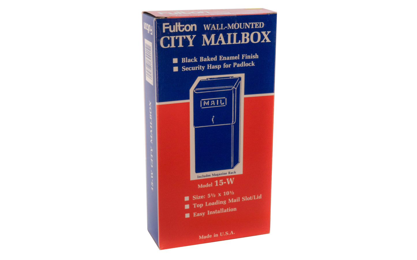 Fulton Wall Mounted Vertical Mailbox - Model 15-W.  Top loading mail slot / lid. 5-1/2" x 10-1/2" size. Security hasp for padlock. Black baked enamel finish on steel. Mail box Made in USA. 045081300151. 
