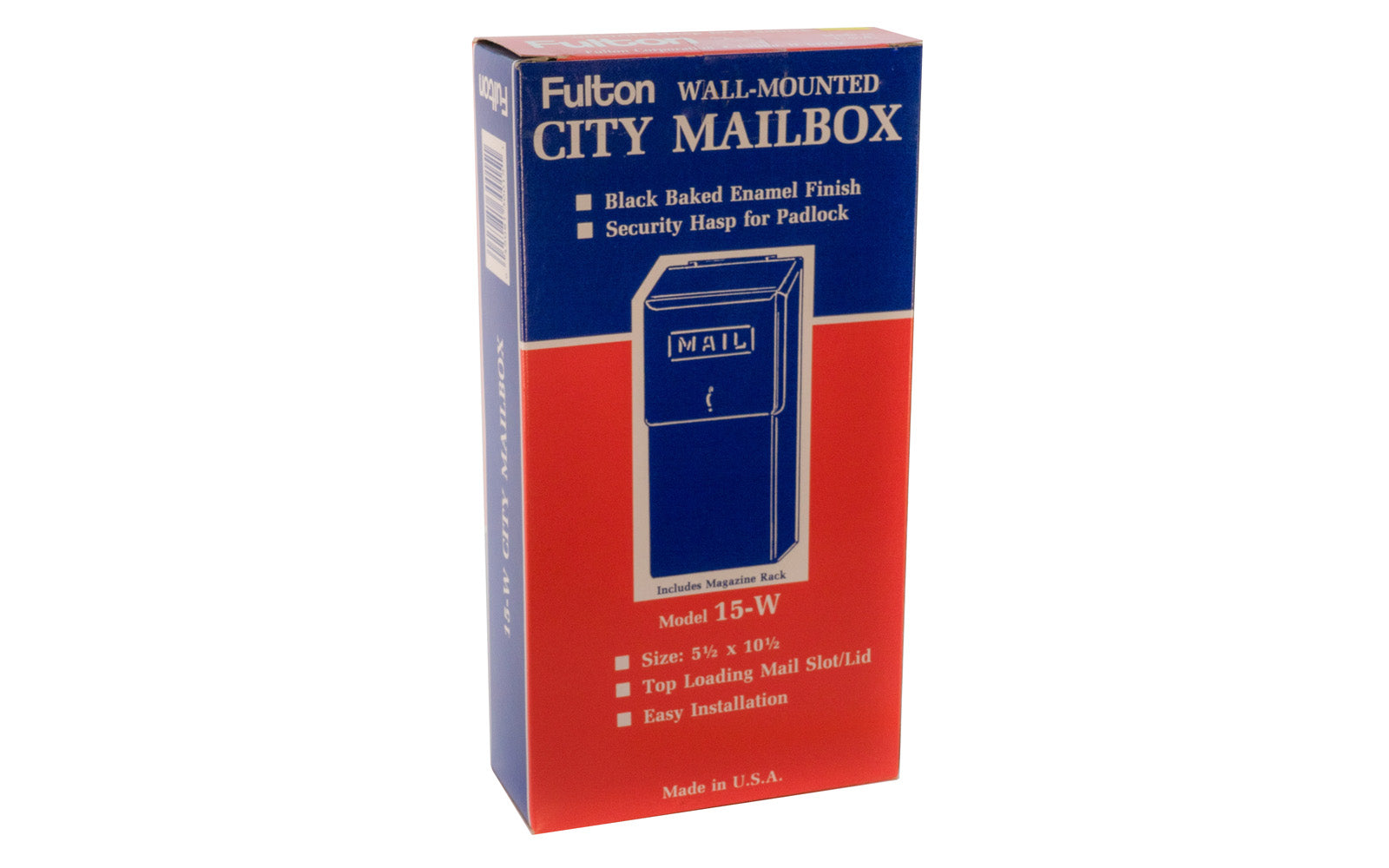 Fulton Wall Mounted Vertical Mailbox - Model 15-W.  Top loading mail slot / lid. 5-1/2" x 10-1/2" size. Security hasp for padlock. Black baked enamel finish on steel. Mail box Made in USA. 045081300151. 