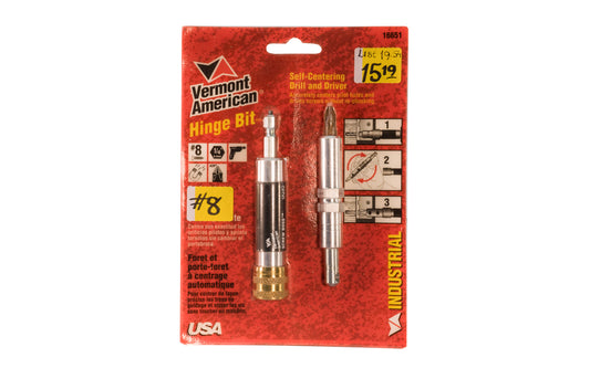Vermont American #8 Hinge Bit. Self-Centering Drill & Driver. Accurately centers pilot holes & drives screws without re-chucking. Made in USA. 045325166512. Model No. 16651
