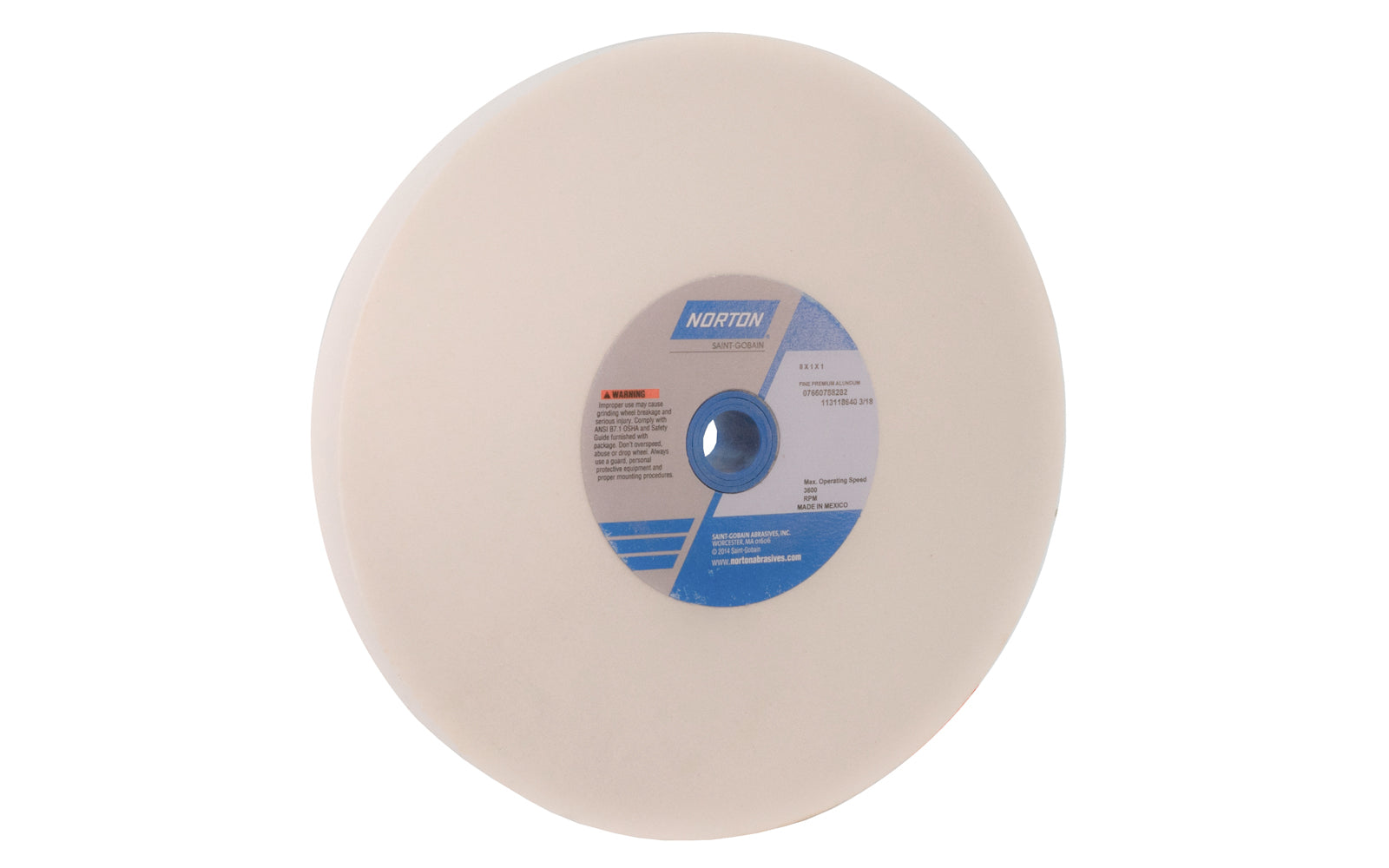 8" Aluminum Oxide Bench Grinding Wheel made by Norton. Designed for general purpose grinding on steel, high speed steels, & ferrous metals. Used for sharpening edges on tools. 8" diameter of wheel. 1" thickness. 100 grit.  