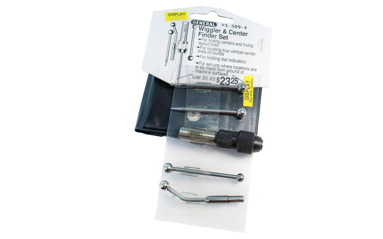 General Tools Wiggler & Center Finder Set. For finding centers & truing layout lines. For locating true vertical center lines of rounds. For holding dial indicators. For set-ups where locations are to be made ground or machine surfaces. Model S-389-4.