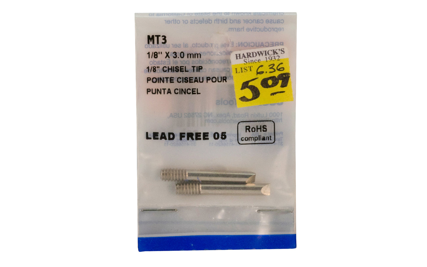 Weller 1/8" Chisel Tip - MT3. 2 Pack. 037103472502. Weller 1/8" Chisel Tip - MT3. Two tips in pack. Made by Weller - Apex Tool Group.
