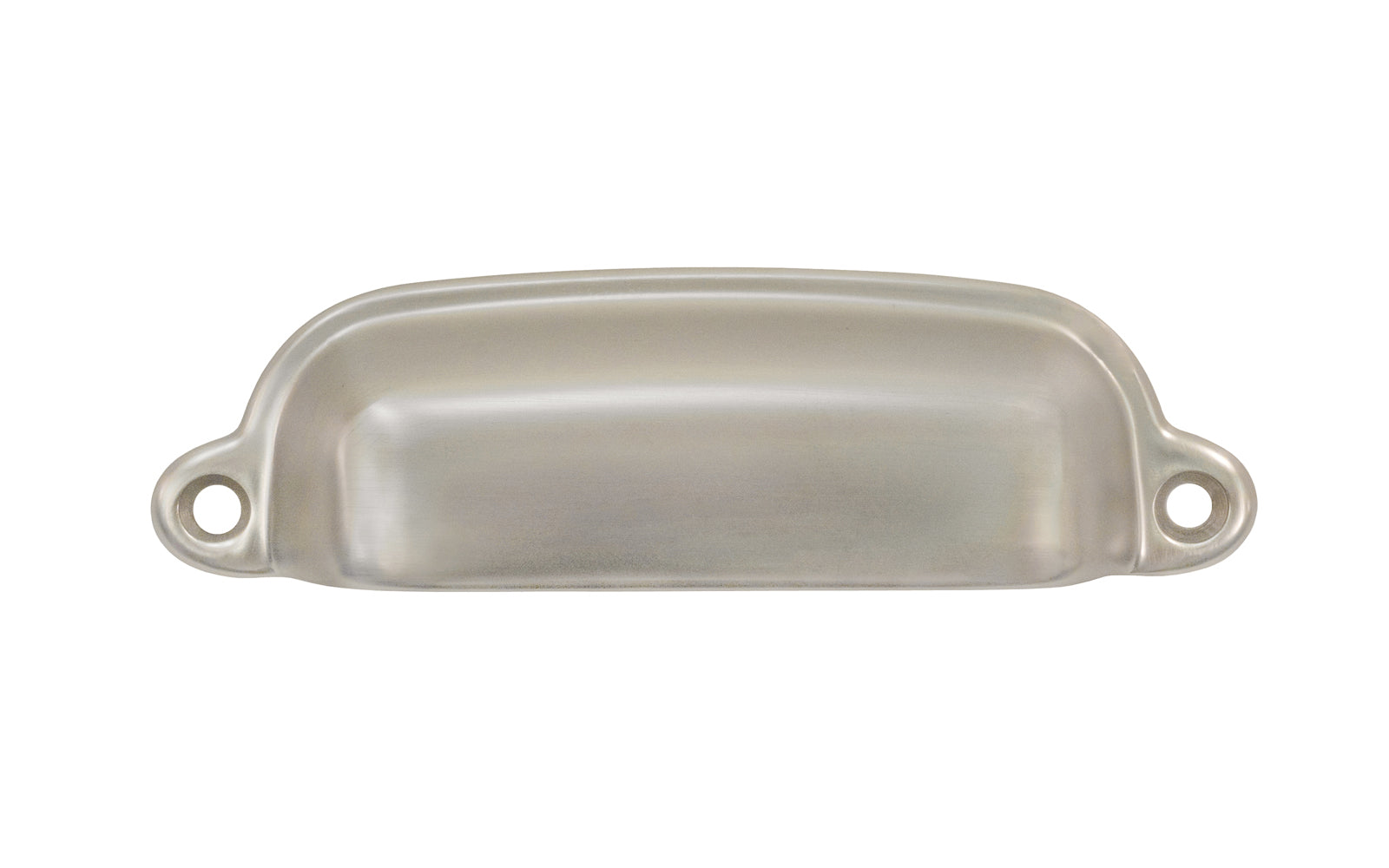 Vintage-style Hardware · Classic Solid Brass Bin Pull ~ 3-3/8" On Centers. Cup bin pull for kitchens & cabinets. 3-3/8" center to center. Solid brass kitchen cabinet bin pull handle. Authentic reproduction hardware. Brushed Nickel Finish
