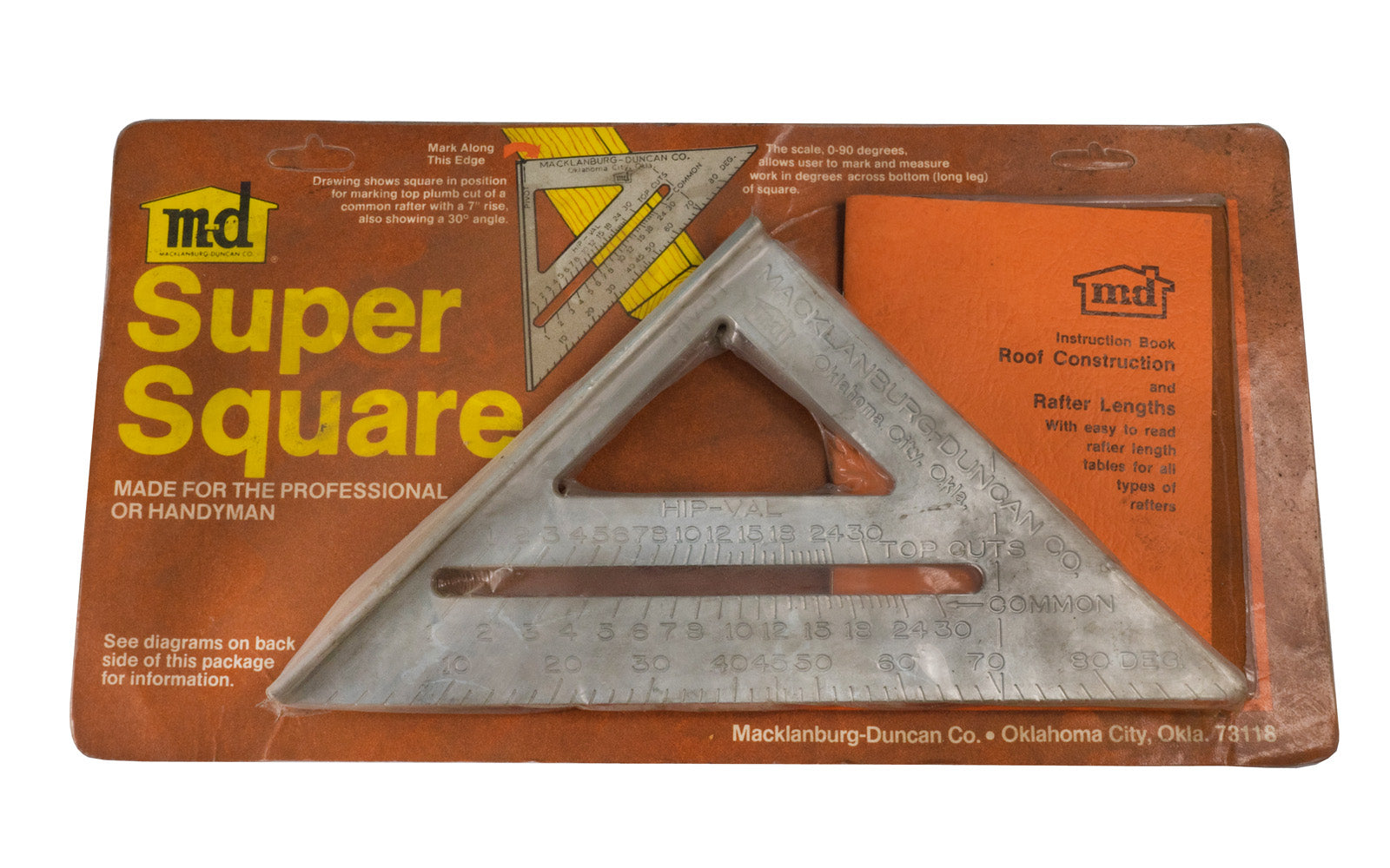 Macklanburg-Duncan Co. 7" Speed Square with a handy pocket booklet.   Made in USA.