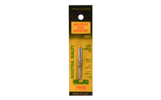Irwin HSS 1/4" Straight Router Bit - Made in USA. High Speed Steel Router Bit. Single flute. 3/4" depth. 1-1/4" length. Irwin Model No. 31039. Made in USA. 042526310393