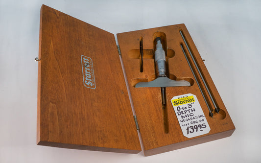 Starrett 0" to 3" Depth Micrometer - USED - Very good condition. Includes wooden box case. Made in USA.