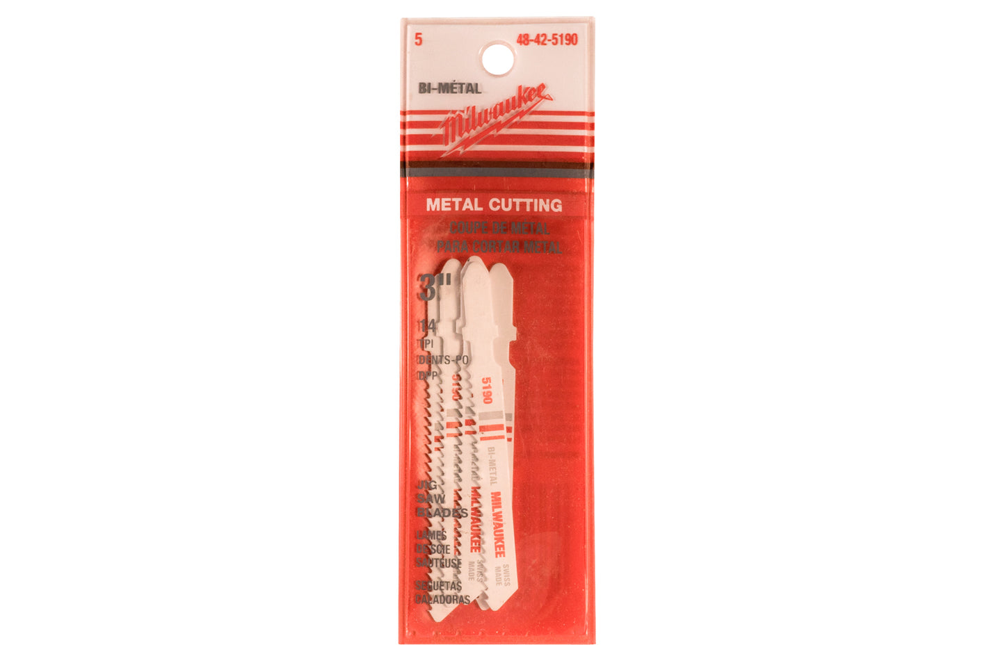 Milwaukee 5 pack Bi-Metal Jig Saw Blades - Milwaukee 48-42-5190. 3" overall length. 14 TPI. 5 Pack. Made in Switzerland. 045242138807