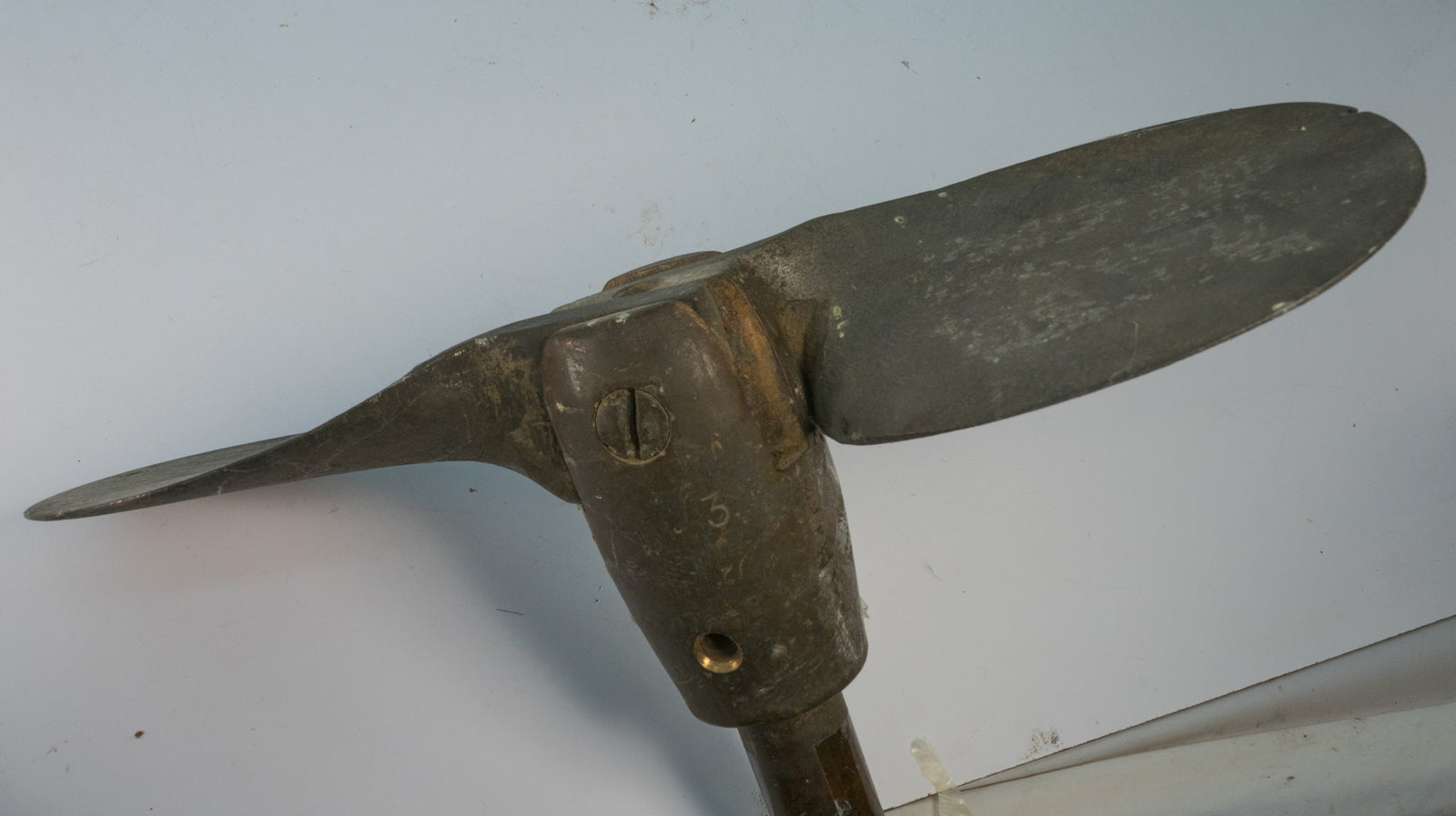 Solid Bronze 13" Folding Prop & 54" Long 1" Diameter Shaft. Heavy Solid Bronze - 18 lbs. 54" long shaft. Blades fold down.