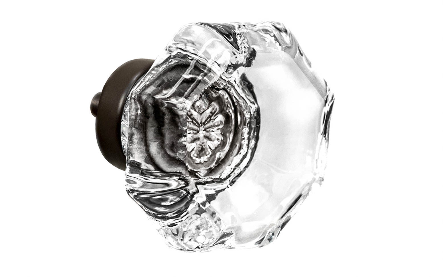Elegant & classic octagonal cabinet glass knob with attractive genuine clear glass. The glass is carefully set into a handsome solid brass base with a threaded shank in the back. Oil Rubbed Bronze Finish on solid brass base. Octagon shape knob. 1-1/2" Diameter Knob 