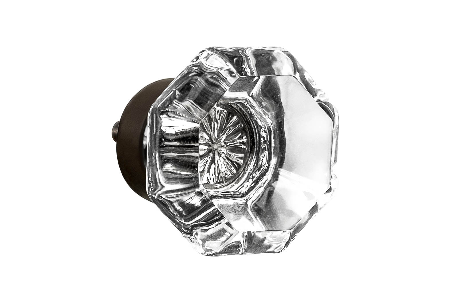 Elegant & classic octagonal cabinet glass knob with attractive genuine clear glass. The glass is carefully set into a handsome solid brass base with a threaded shank in the back. Oil Rubbed Bronze Finish on solid brass base. Octagon shape knob. 1-1/4" Diameter Knob 