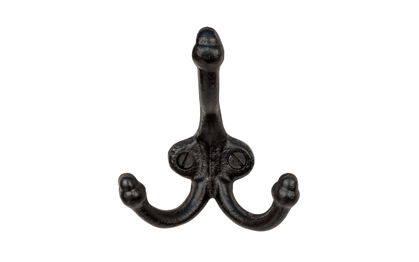 A charming vintage-style triple prong black cast-iron acorn hook. Great for use in hallways, hall trees, coat racks, kitchens, bedrooms, & many other places. The hook is made of strong cast iron material, making it durable for heavy coats, bags, & clothing. Three prongs on the hook with acorn tips.