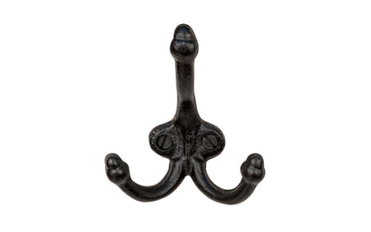 A charming vintage-style triple prong black cast-iron acorn hook. Great for use in hallways, hall trees, coat racks, kitchens, bedrooms, & many other places. The hook is made of strong cast iron material, making it durable for heavy coats, bags, & clothing. Three prongs on the hook with acorn tips.