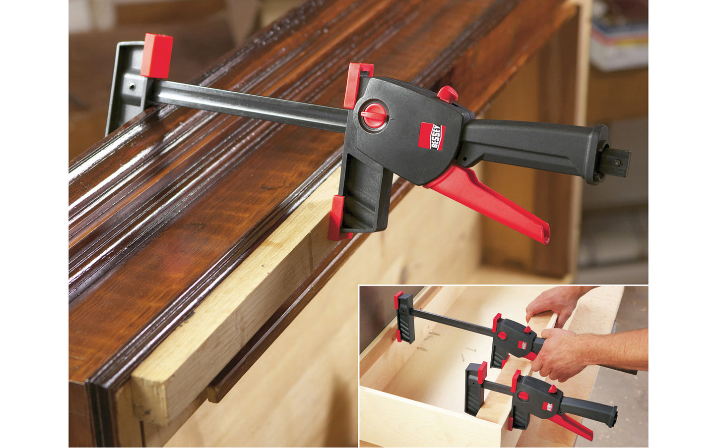 Bessey 24" DuoKlamp Clamp ~ DUO65-8 - One handed clamp & spreader. Clamp or spread with the turn of a button, no tools necessary. 24" max opening & 3-1/4" deep throat. Jaws resist flex & withstand up to 260 lb. of clamping force. Soft pressure caps prevent marring of wood by distributing pressure over a greater area.  
