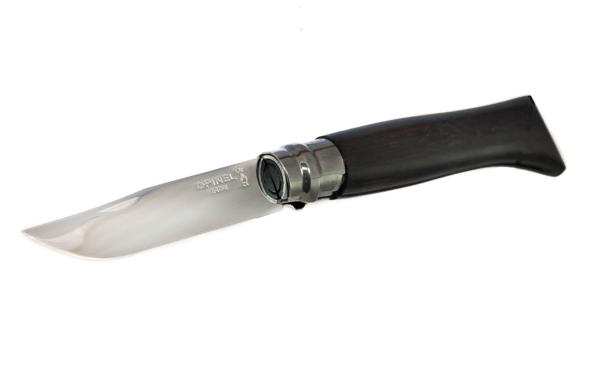 Opinel Stainless Steel Knife ~ Ebony Wood Handle ~ Made in France ~ 3-1/4" long foldable polished blade with stainless locking collar ~ Special Ebony wood handle ~ Includes "gift" box with black velvet sleeve