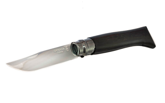 Opinel Stainless Steel Knife ~ Ebony Wood Handle ~ Made in France ~ 3-1/4" long foldable polished blade with stainless locking collar ~ Special Ebony wood handle ~ Includes "gift" box with black velvet sleeve