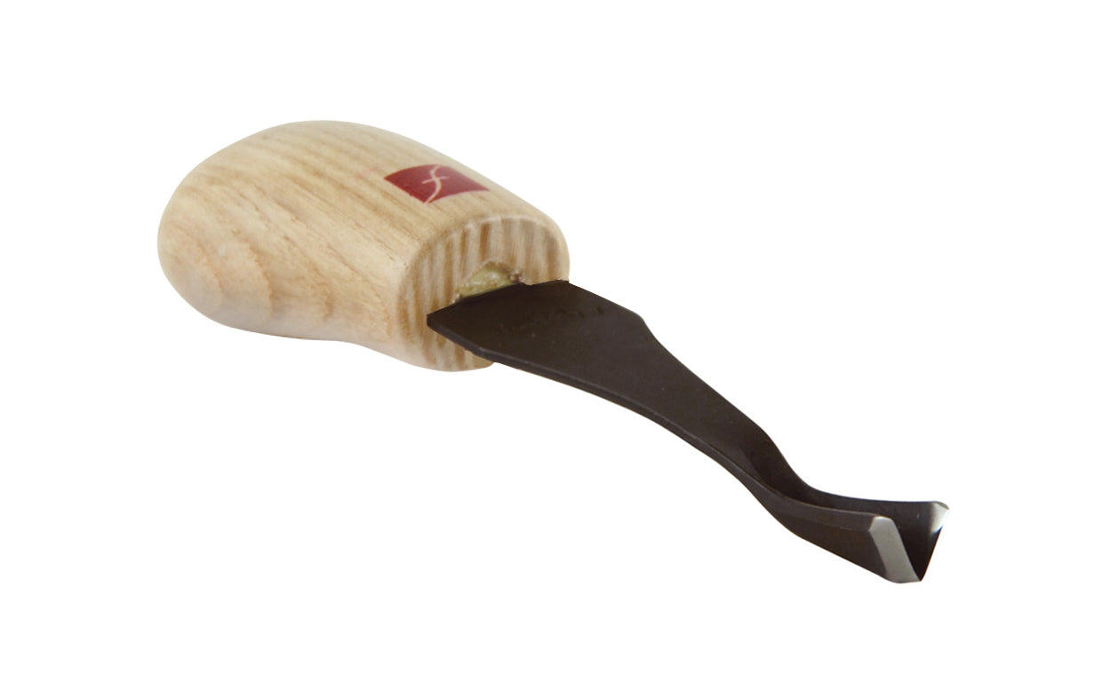Made in USA • Model FR412 ~ Palm Carving Tool is great for carving smaller sized projects. Handle fits comfortably in the palm for good close control to your work. The blade is made of High Carbon Steel. Cutting edge is hand honed & polished - Palm V Gouge - 45° V-Tool x 1/4" (6 mm) - wide blade - 45 degrees - Angle ~ 651646004121