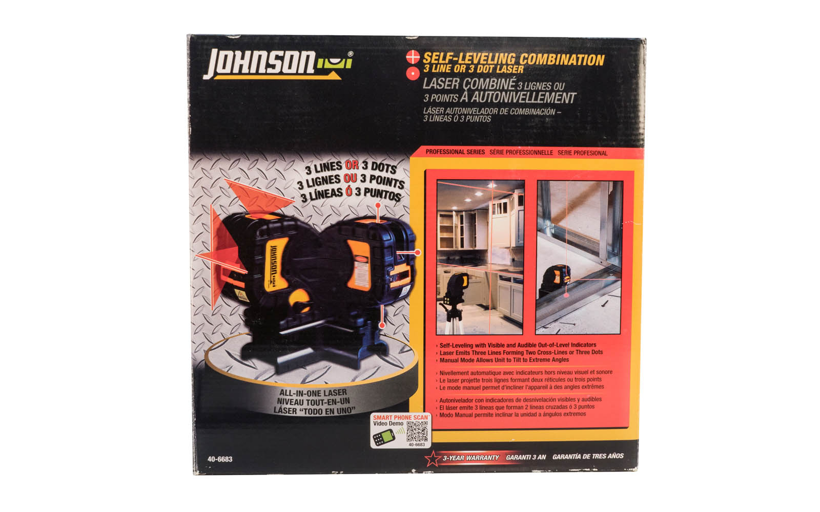 Johnson Level Self-Leveling Combination 3-Line Laser. Laser emits three lines forming two cross-lines or three dots. Multi-functional mount pivots unit 360°. Red laser ~ 40-6683. Includes: Multi-functional magnetic base, magnetic target, strap, Laser enhancing glasses, hard-shell carrying case.  049448066834