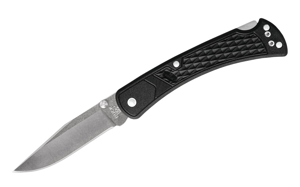 EDC knife based on an American classic, 110 Folding Hunter, the 110 Slim possesses the same traditional features but a more modern look. Slim Hunter is created with lightweight molded nylon, reducing it's weight. 3-3/4" long blade. Folding lightweight Hunter Knife with black handle. Model 0110BKS1-B. 033753147456