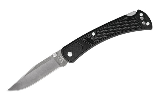 EDC knife based on an American classic, 110 Folding Hunter, the 110 Slim possesses the same traditional features but a more modern look. Slim Hunter is created with lightweight molded nylon, reducing it's weight. 3-3/4" long blade. Folding lightweight Hunter Knife with black handle. Model 0110BKS1-B. 033753147456