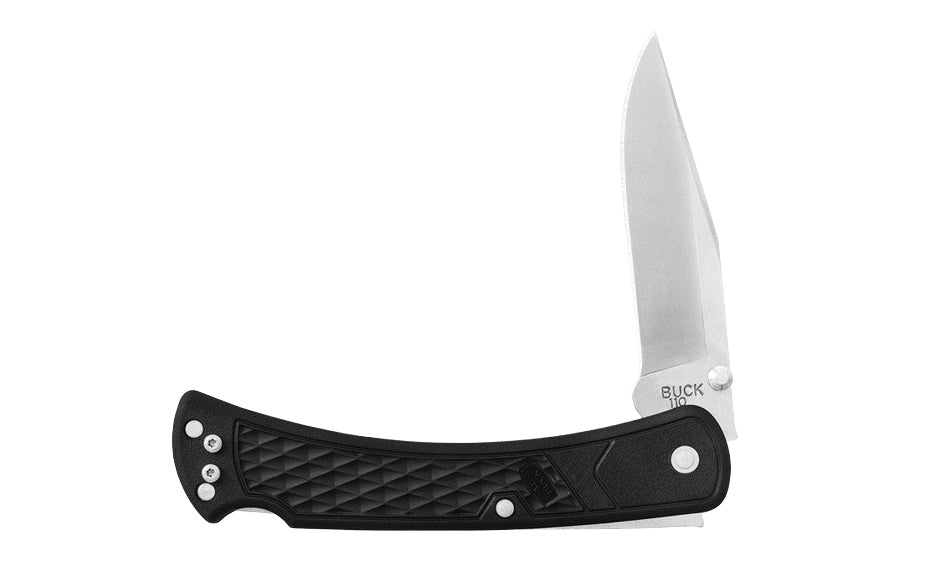EDC knife based on an American classic, 110 Folding Hunter, the 110 Slim possesses the same traditional features but a more modern look. Slim Hunter is created with lightweight molded nylon, reducing it's weight. 3-3/4" long blade. Folding lightweight Hunter Knife with black handle. Model 0110BKS1-B. 033753147456