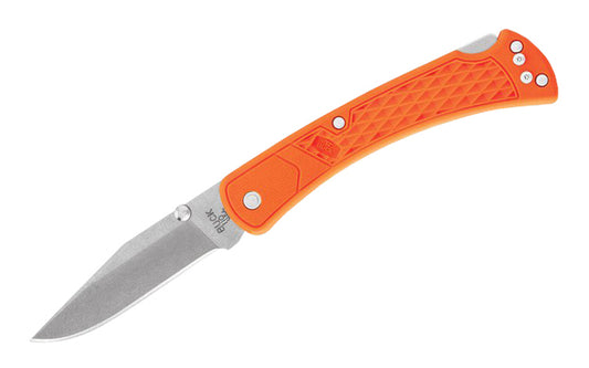 EDC knife based on an American classic, 110 Folding Hunter, the 110 Slim possesses the same traditional features but sports a more modern look. Slim Hunter is created with lightweight molded nylon, drastically reducing it's weight. 3-3/4" long blade. Orange handle folding Hunter Knife. Model 0110ORS2-B. 033753148910