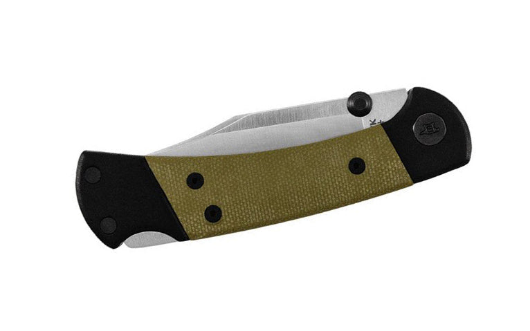The Buck Knives 112 Folding Ranger "Sport" Knife is a modern & elite, Pro EDC version of the classic 112 Ranger knife. This pocket knife is lightweight with durable construction via a bolt assembly with Torx screws utilizing an anodized aluminum frame and O.D. green canvas Micarta handle. Model 0112GRS5-B. Made in USA.