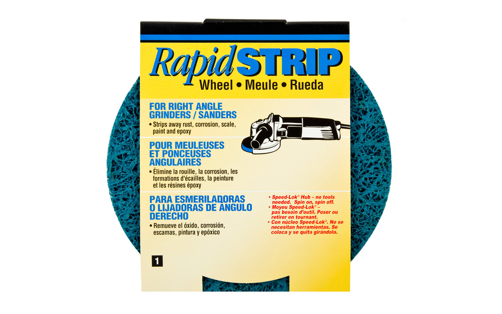 Norton 4-1/2" x 5/8-11 "Rapid Strip" Wheel for Right Angle Grinders / Sanders. Aluminum Oxide abrasive. Center mount attachment. Arbor thread size 5/8-11. Model 04015. 076607040152