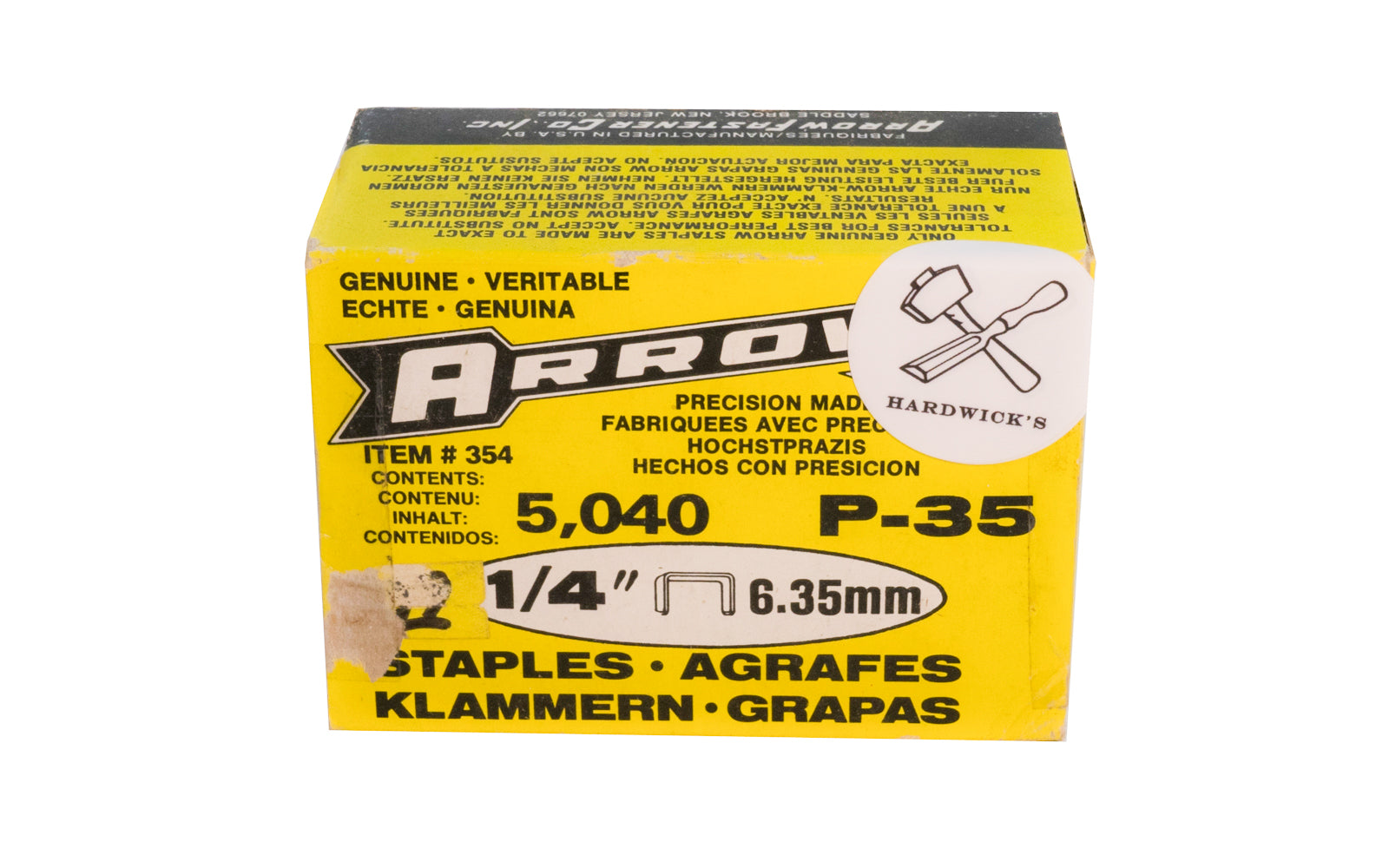 Arrow’s P35 Plier Type 1/4" staples are good for stapling thicker paper, cardboard, etc. The P35 staple is specially designed to fit the Arrow P35 plier stapler & is great for use on bags, tags, papers, & labels. 1/4" (6 mm) leg length size. 1/2" crown width. Item No. 354. 5040 PK. Made in USA. 079055035145