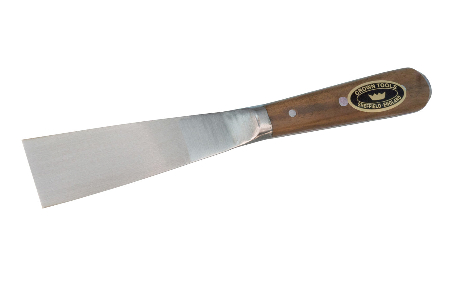 Crown Tools 1-1/2" (38 mm) Filing Knife with a flexible spring-tempered blade. High quality putty knife for filing holes, cracks, etc. Walnut wood handle. Made in Sheffield, England. Model 311.