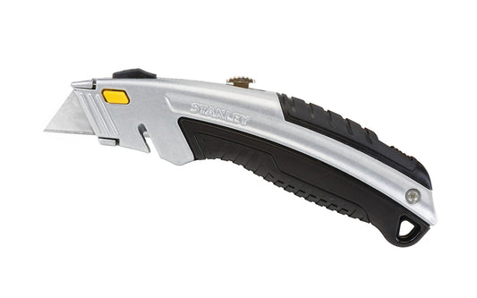 Made in USA · Model No. 10-788 ~ Retractable blade - Stanley 6-5/8" "Instantchange" Knife. Just press a button - no tools are needed. Strong, durable construction combines a cast metal core with bi-material soft panels for a sure grip. Curved handle design for comfort, control & balance. Includes (3) utility blades