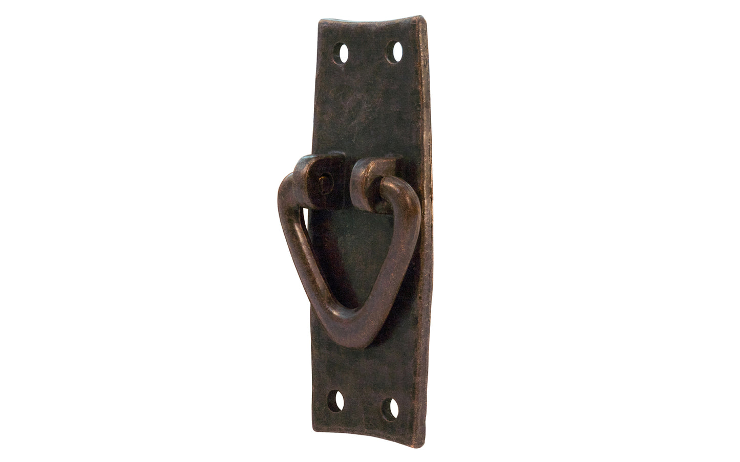 Vintage-style Hardware · Solid Brass Hammered Ring Drop Pull. Designed in the Mission or Arts & Crafts style, Gustav Stickley style hardware. Rustic hammered drop pull. Antique copper finish. Includes pyramid-head screws. Thick solid brass drop pull plate. 4" high x 1-1/2" wide plate. Reproduction hardware.