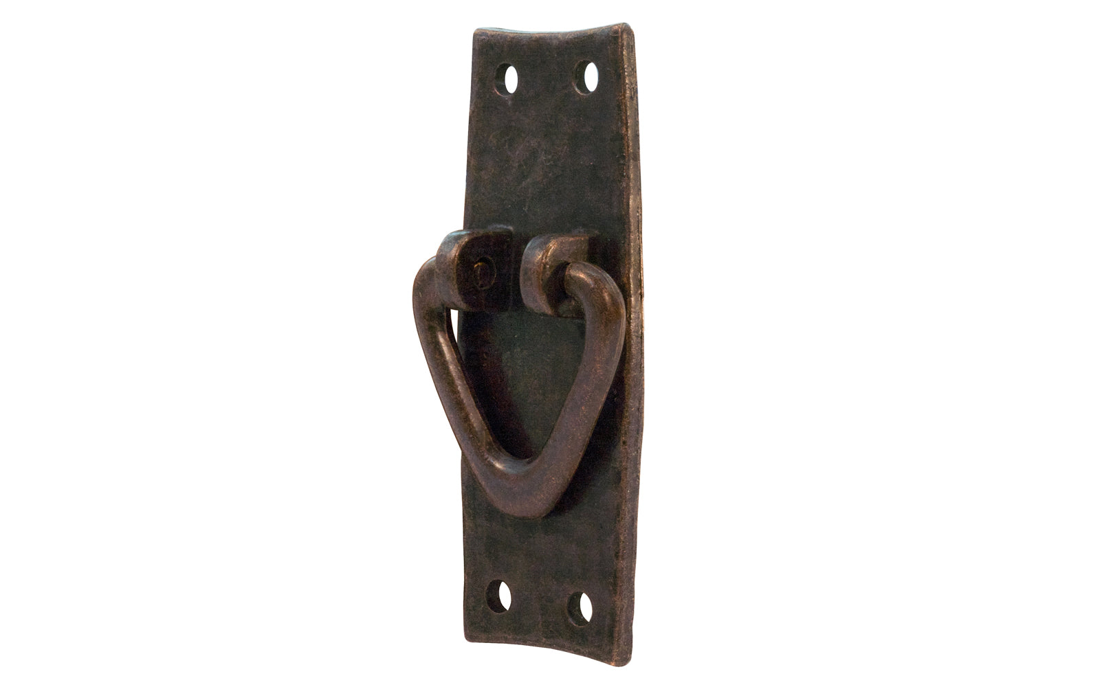 Vintage-style Hardware · Solid Brass Hammered Ring Drop Pull. Designed in the Mission or Arts & Crafts style, Gustav Stickley style hardware. Rustic hammered drop pull. Antique copper finish. Includes pyramid-head screws. Thick solid brass drop pull plate. 4" high x 1-1/2" wide plate. Reproduction hardware.