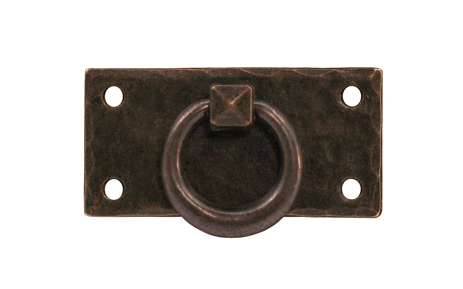 Vintage-style Hardware · Solid Brass Hammered Ring Drop Pull. Designed in the Mission or Arts & Crafts style, Gustav Stickley style hardware. Rustic hammered drop pull. Antique copper finish. Four round-head slotted screws. Thick solid brass drop pull plate. 1-3/8" high x 2-3/4" wide plate. Reproduction hardware.
