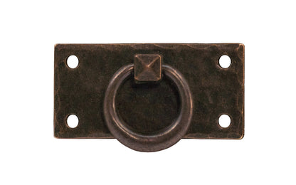 Vintage-style Hardware · Solid Brass Hammered Ring Drop Pull. Designed in the Mission or Arts & Crafts style, Gustav Stickley style hardware. Rustic hammered drop pull. Antique copper finish. Four round-head slotted screws. Thick solid brass drop pull plate. 1-3/8" high x 2-3/4" wide plate. Reproduction hardware.