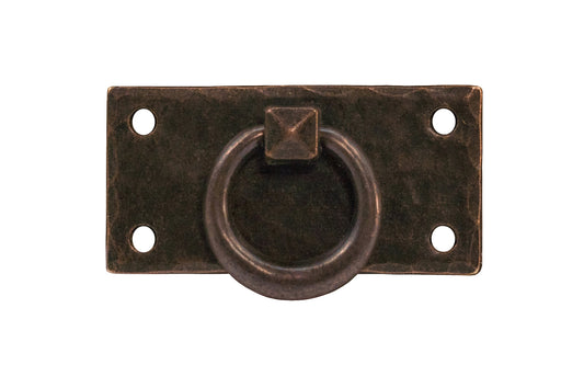 Vintage-style Hardware · Solid Brass Hammered Ring Drop Pull. Designed in the Mission or Arts & Crafts style, Gustav Stickley style hardware. Rustic hammered drop pull. Antique copper finish. Four round-head slotted screws. Thick solid brass drop pull plate. 1-3/8" high x 2-3/4" wide plate. Reproduction hardware.