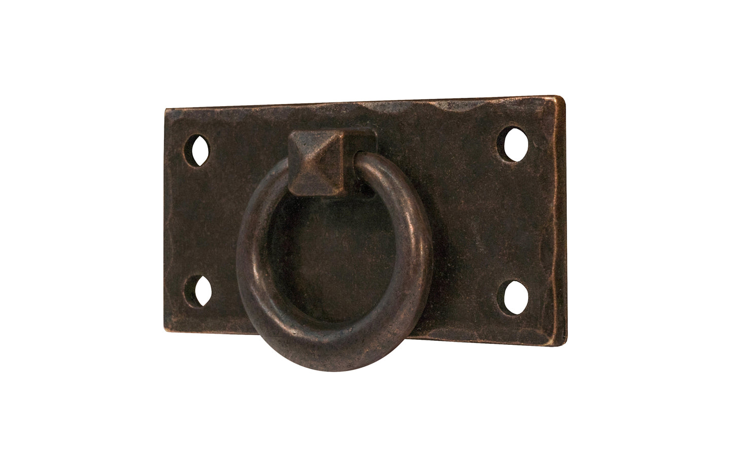 Vintage-style Hardware · Solid Brass Hammered Ring Drop Pull. Designed in the Mission or Arts & Crafts style, Gustav Stickley style hardware. Rustic hammered drop pull. Antique copper finish. Four round-head slotted screws. Thick solid brass drop pull plate. 1-3/8" high x 2-3/4" wide plate. Reproduction hardware.